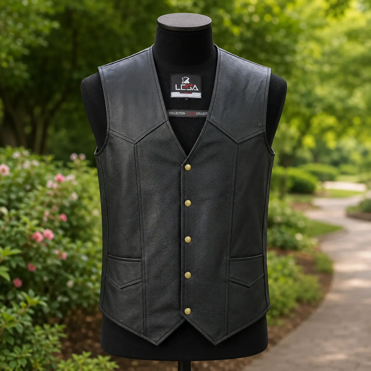 Men’s Black Leather Motorcycle Vest – Cowhide Biker Vest with V-Neck, Concealed Carry Pockets & Snap Closure