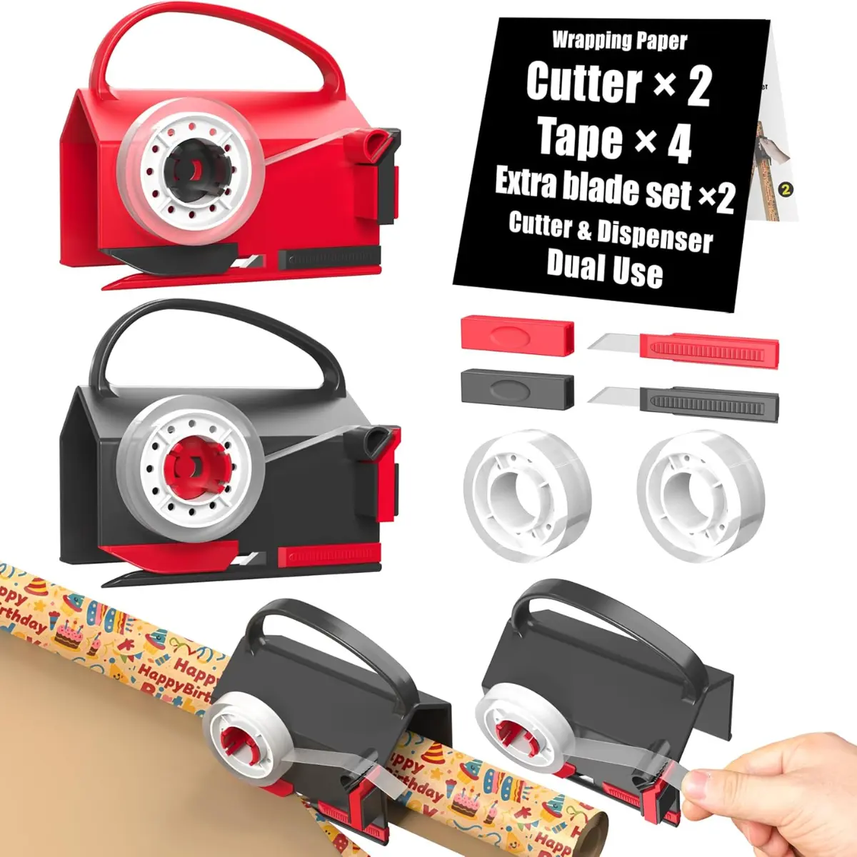 (2-Pack) Wrapping Paper Cutter & Tape Dispenser Dual Use with 4 Tapes，2 Replace Blades Kit for Christmas Gift Wrap Cutter Tool Paper Roll Holder Tube Sliding Slicing for Birthday Holiday.