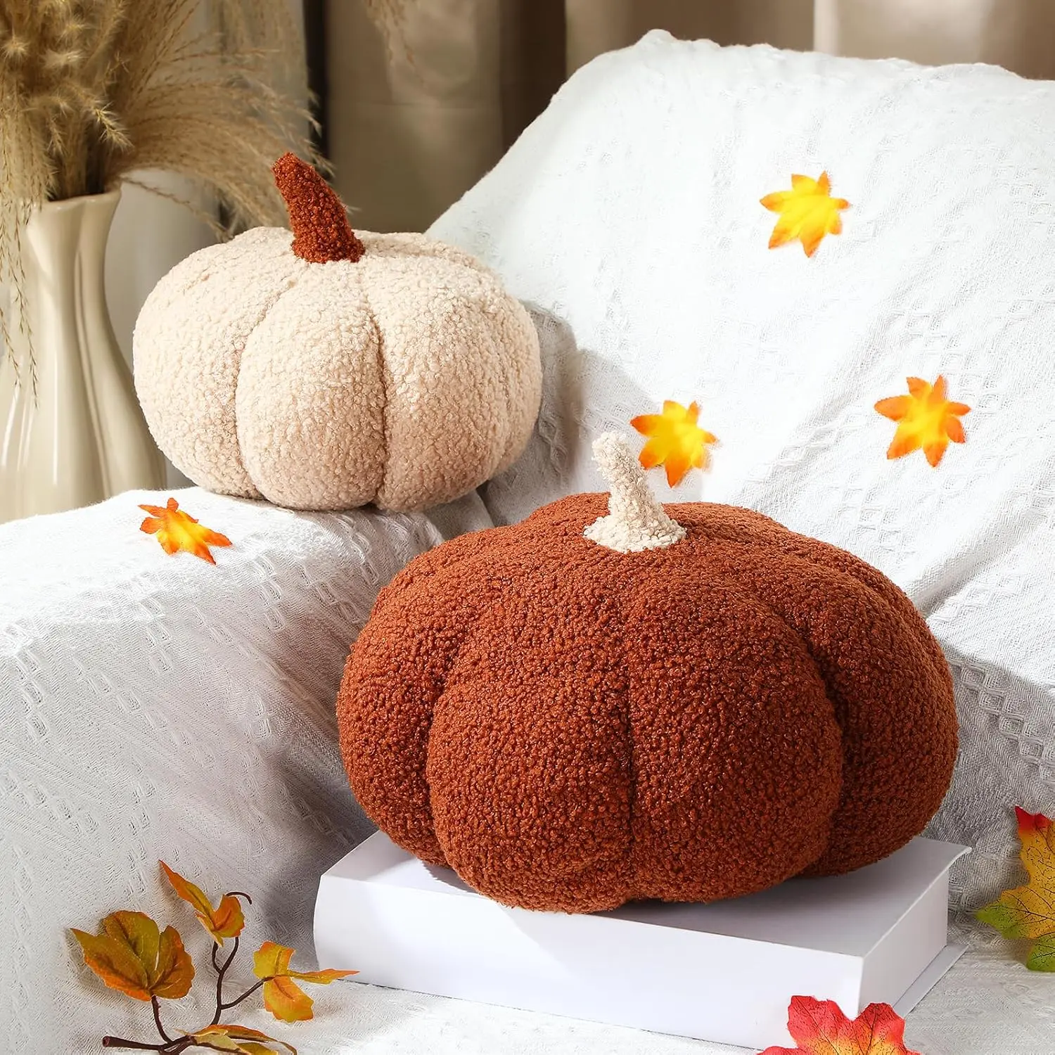 2 count Simulated Fall Pumpkin Throw Pillow 3D Cushion Halloween Decoration Pumpkin Plush Stuffed Throw Pillow for Autumn Thanksgiving Bedroom Sofa(White,Brown,11 x 7 inch and 7.87 x 5 inch)