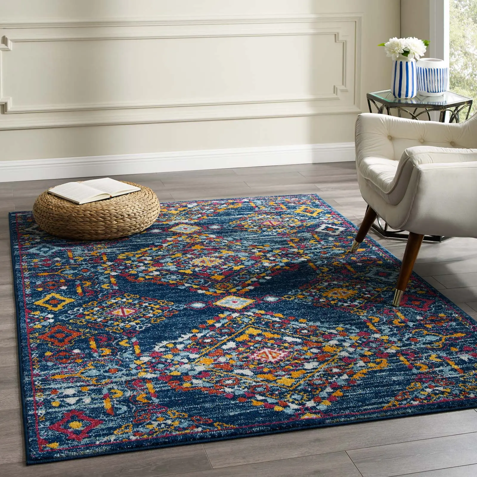 Modway Entourage Khalida Distressed Vintage Floral Lattice 5x8 Area Rug in Blue, Orange, Yellow, Red