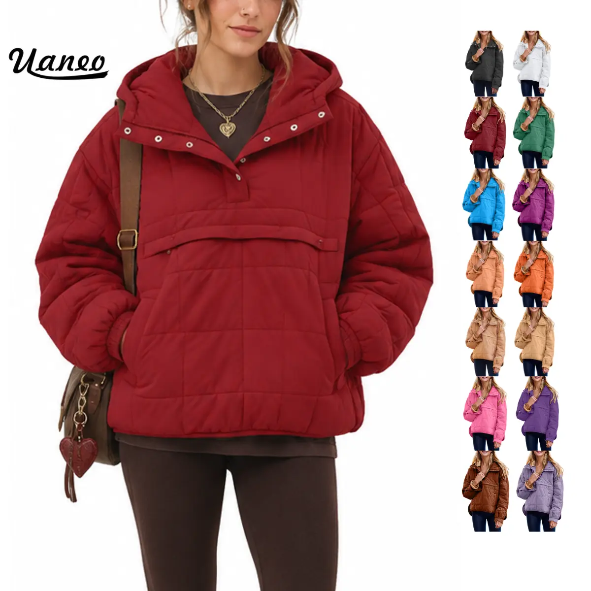 UANEO Women's Oversized Hooded Puffer Jacket Quilted Pullover Dolman Long Sleeve Cozy Lightweight Warm Tops with Big Chest & Side Pockets Casual Outwear