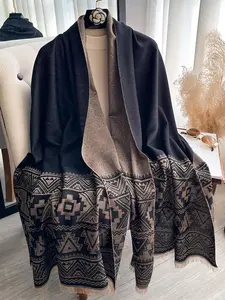 Bohemian Style Double-Sided Thickened Blanket Scarf with Geometric Patterns, Autumn Winter Warm Shawl for Daily Wear, Stylish & Versatile for All Seasons, Boho Style Scarf