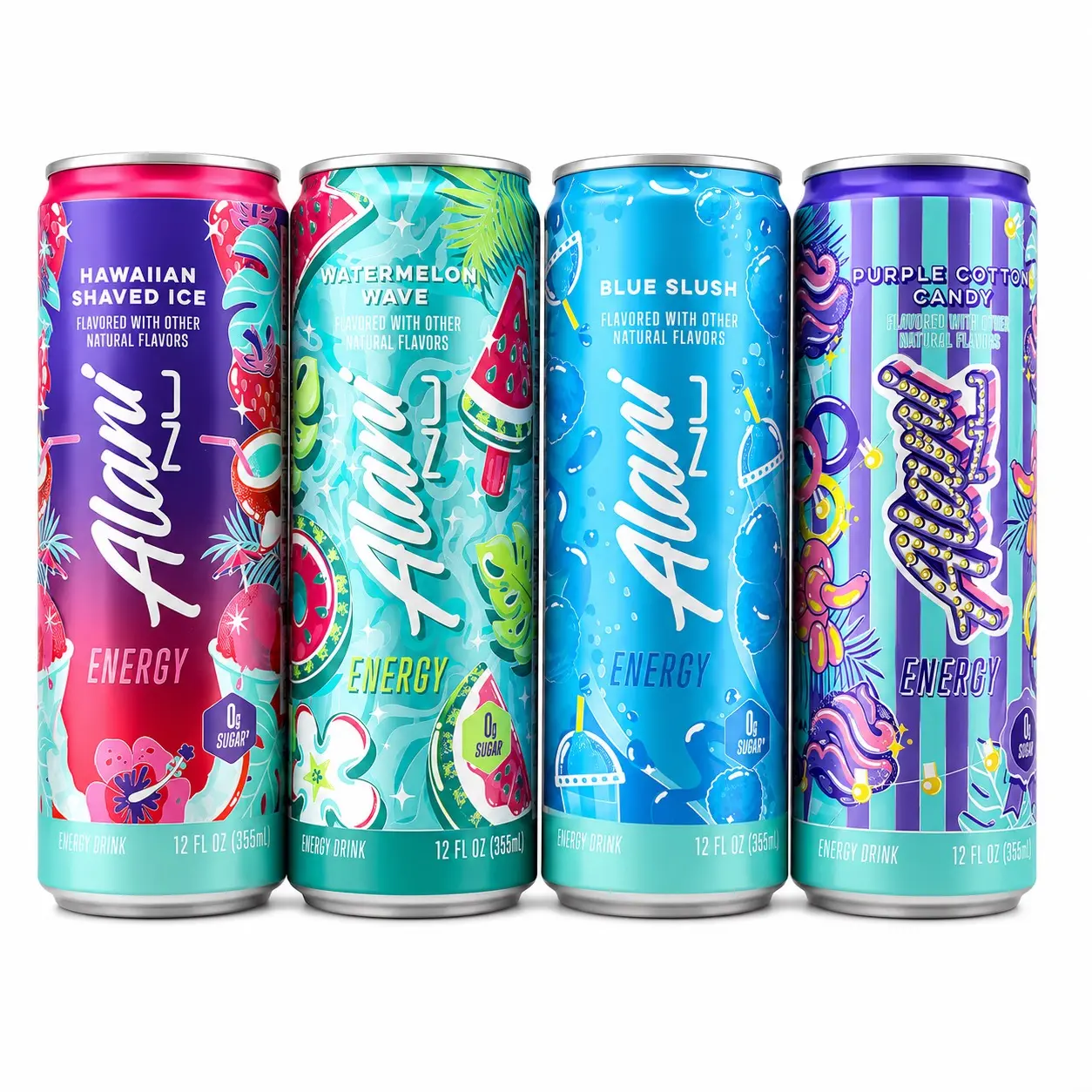 Alani Nu Caffeinated Energy Beverage 4-Pack - Flavors: Hawaiian Shaved Ice, Watermelon Wave, Blue Slush, Purple Cotton Candy