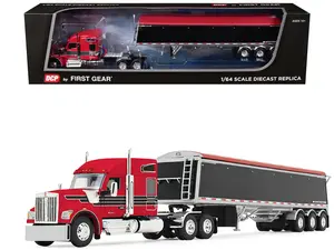 Kenworth W990 with 76" Mid-Roof Sleeper and Lode King Hopper Trailer Red and Black 1/64 Diecast Model by DCP/First Gear