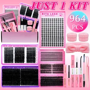 RITALASH 964pcs D Curl Lash Clusters Lash Extension Kit DIY Lash Clusters Eyelash Extension Kit Mixed Lengths 9 Styles Individual Lashes Kit Eyelash Set With Lash Bond And Seal, Lash Tweezers, Remove, Dual-Ended Brush, Headband And Wristband