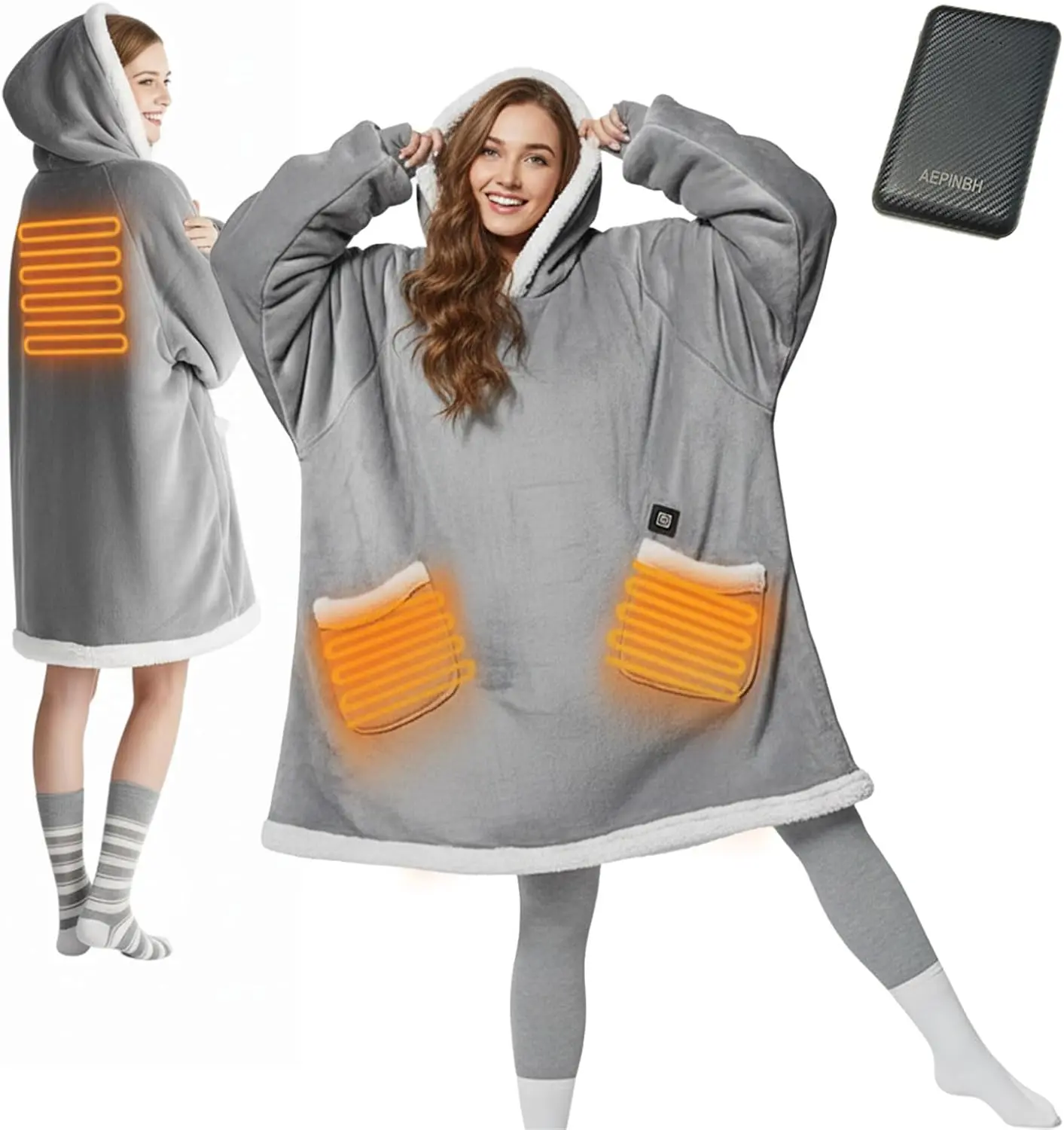 Cordless Heated Wearable Blanket Hoodie - Soft Sherpa Electric Heated Hoodie with Rechargeable 7.4V Battery Pack for Women, Men & Moms - Perfect Winter Gift for Outdoor Comfort (Gray)