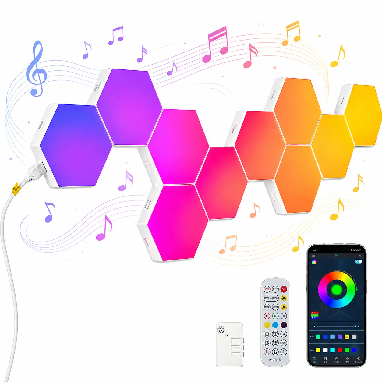 LED Wall Lights, 10 Pack RGB Hexagonal Wall Panels, Modular Smart Honeycomb Lights with APP & Remote Control, Music Sync LED Hex Lights for Gaming Room, Bedroom, Living Room Decor (10PCS)