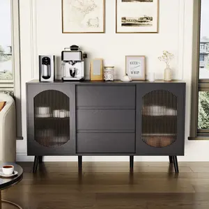 Contemporary Black Buffet Cabinet – Ample Storage Sideboard with Fluted Glass Sliding Doors and Drawers – Ideal for Kitchen, Dining, or Living Room