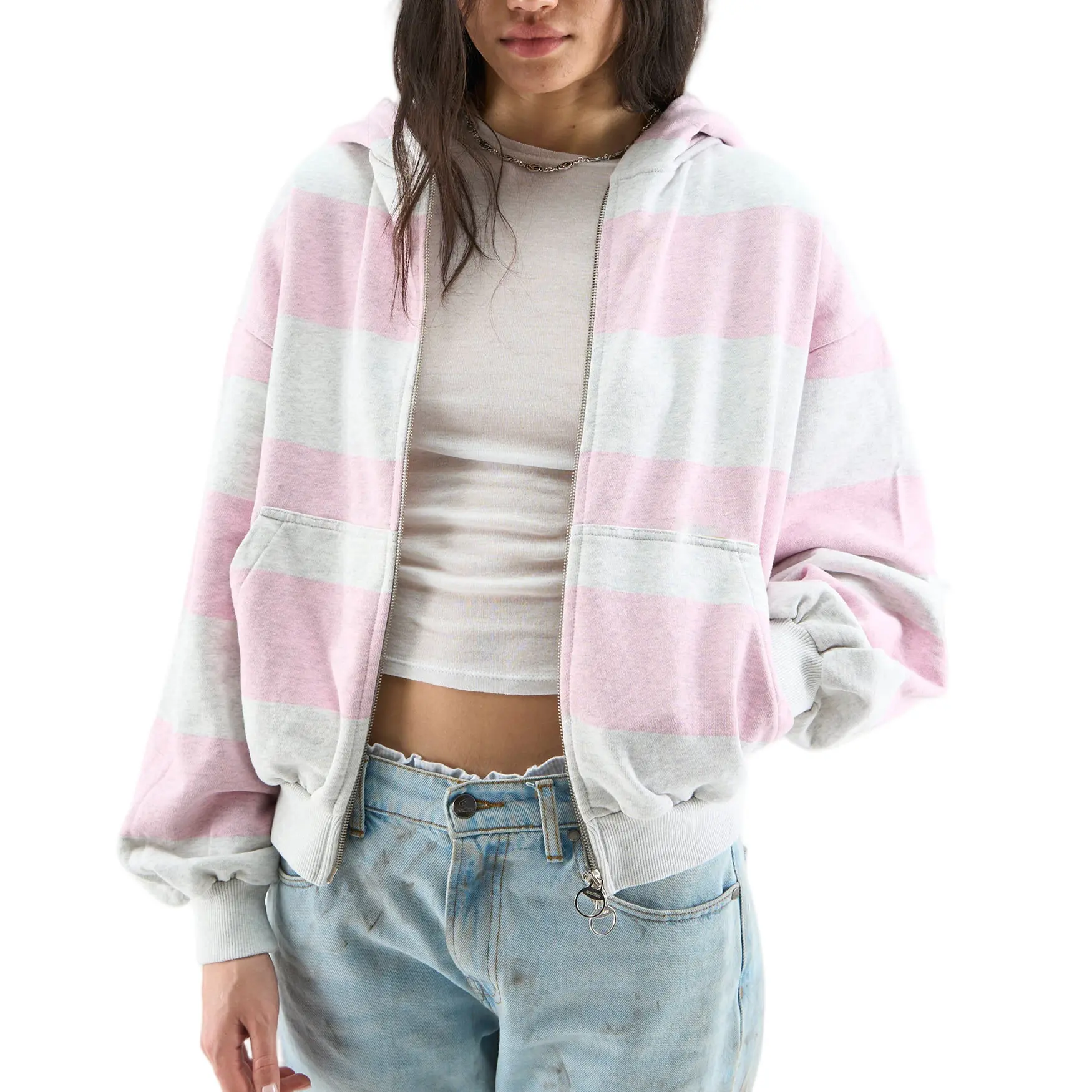 Hixiaohe Women's Color Block Striped Zip Up Hooded Jacket Long Sleeve Casual Streetwear Top