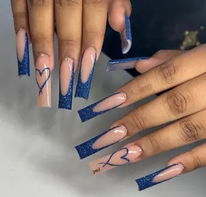 Navy Blue Heart Glitter French Tip Press On Nails| Nude Nails| French Tip Nails|Blue Nails|Luxury Nails| Bling Nails|Valentines Nails