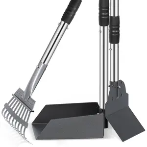 Dog Pooper Scooper Set with Long Handle Poop Tray Rake & Adjustable Stainless Steel Handles for Easy Outdoor Cleanup