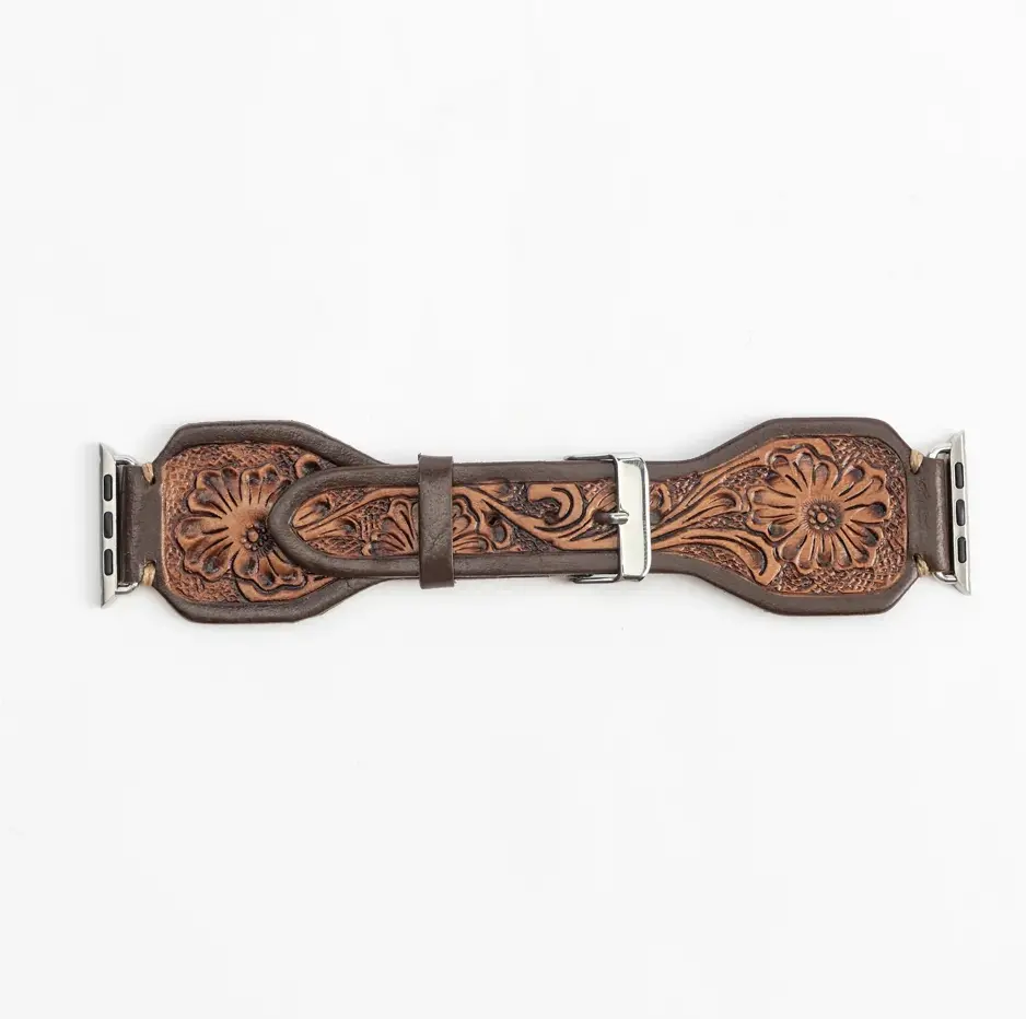 Lone Star Handtooled Leather Watch Band In Antique Mahogany