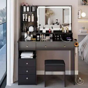 41" Vanity Desk Set with Large Mirror and Lights in 3 Modes, Makeup Vanity Table Set with Charging Station, 6 Drawers, Open Shelves, Dressing Table with Hair Dryer Holder and Cushioned Stool, Black