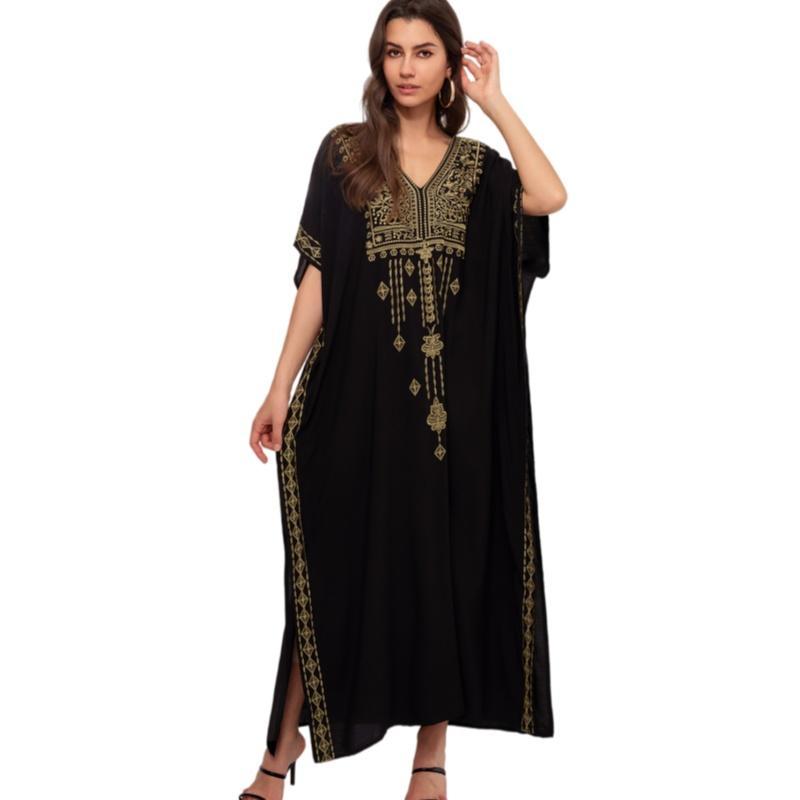 Women's Plus Size Ethnic Print Modest Maxi Kaftan Dress - Imported Viscose Silk, Embroidered Tassels, Baggy Abaya-Inspired, Mumu Casual Dresses, Hand Wash Only, Slip-On Swim Suit Coverup, Versatile Sizes