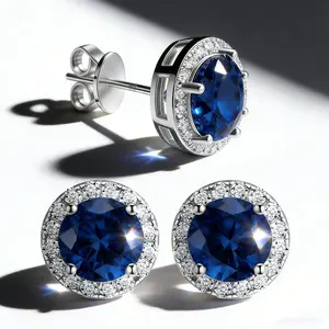 Men’s Gift 1CT Round Blue Moissanite Silver-Plated Stud Earrings – Halo Zircon Accents, 5mm Diameter，earrings for men