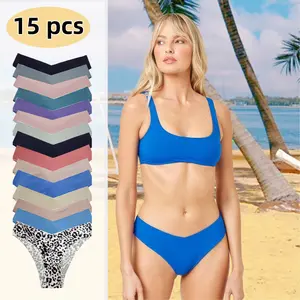 QQ 15-piece Set of Women's Seamless Underwear: Sexy Invisible V-waist Elastic Panties (Size M-XXL). Made of soft ice silk, low-rise design with multiple color options.