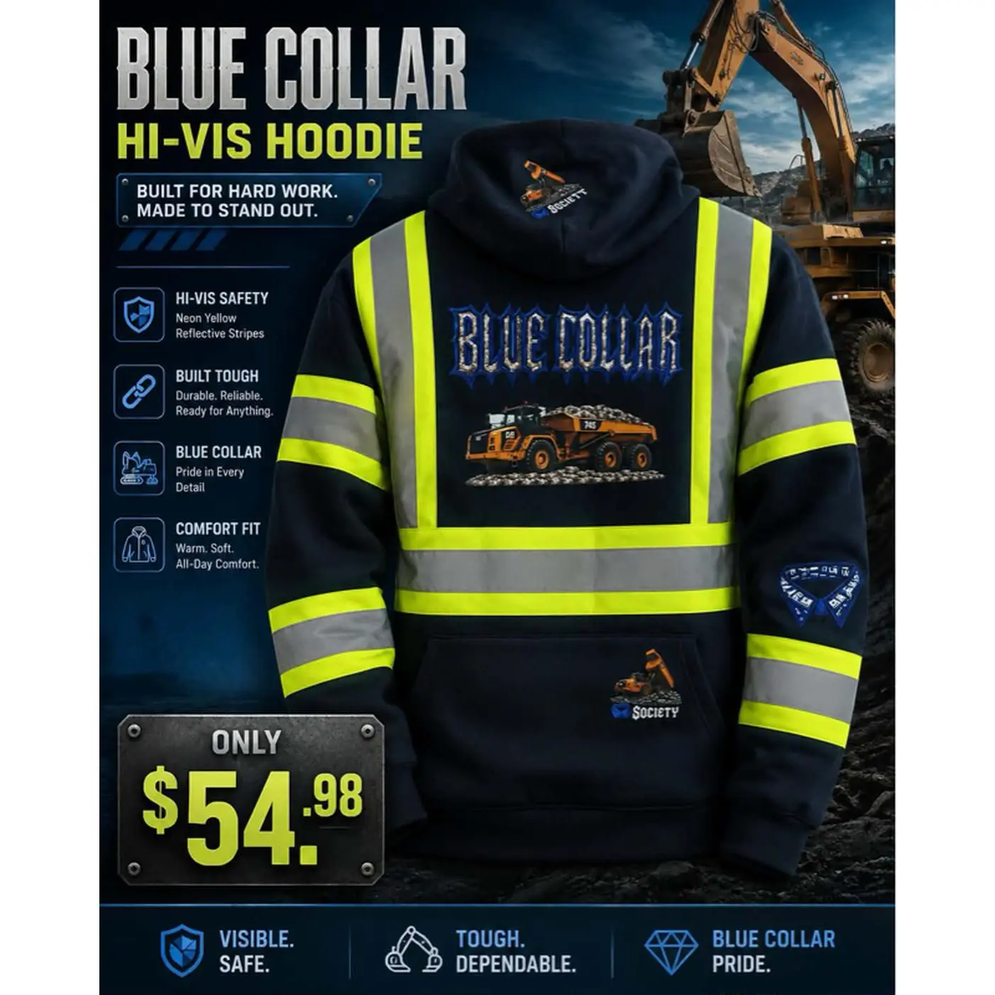 Blue Collar Hi-Vis Hoodie - Reflective Stripes, Durable, Soft, All-Day Comfort, $54.98