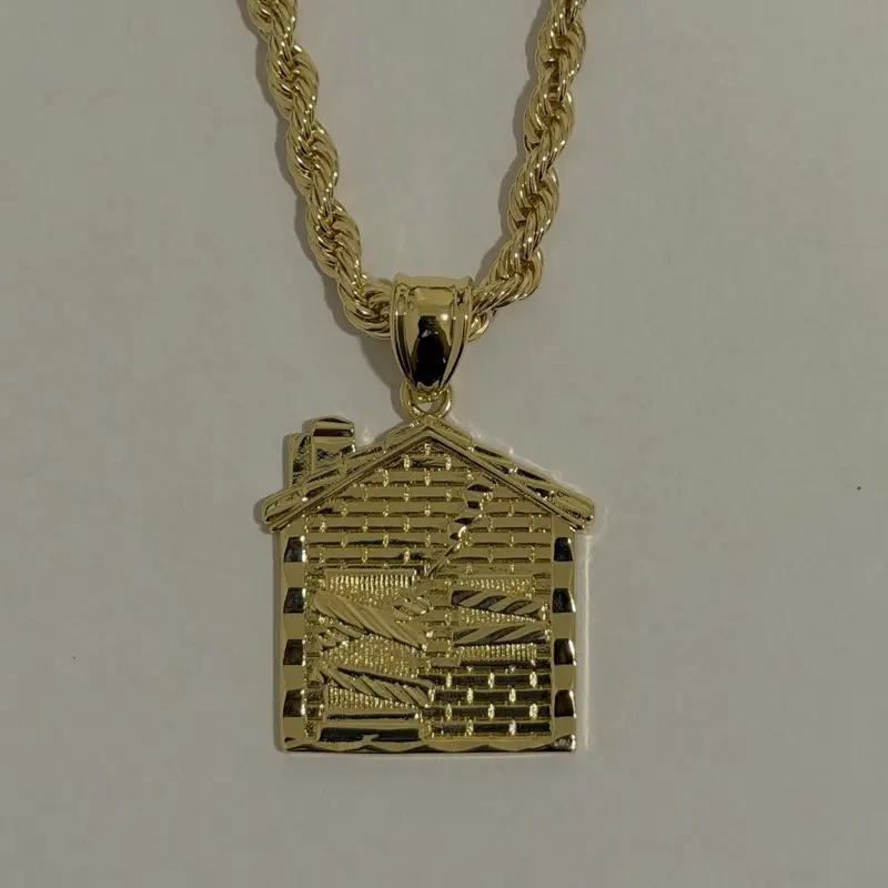 14k Gold Filled Stainless Steel with Detailed Trap House Pendant 24” Inch Rope Chain