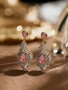 A pair of fashionable gold feather-shaped earrings adorned with colorful gemstones, suitable for daily commuting, vacation, and dates, and also a delightful and exquisite little gift.