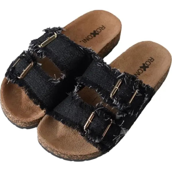 Black Fringe Double Buckle Slide Sandals | Opulent Vibe