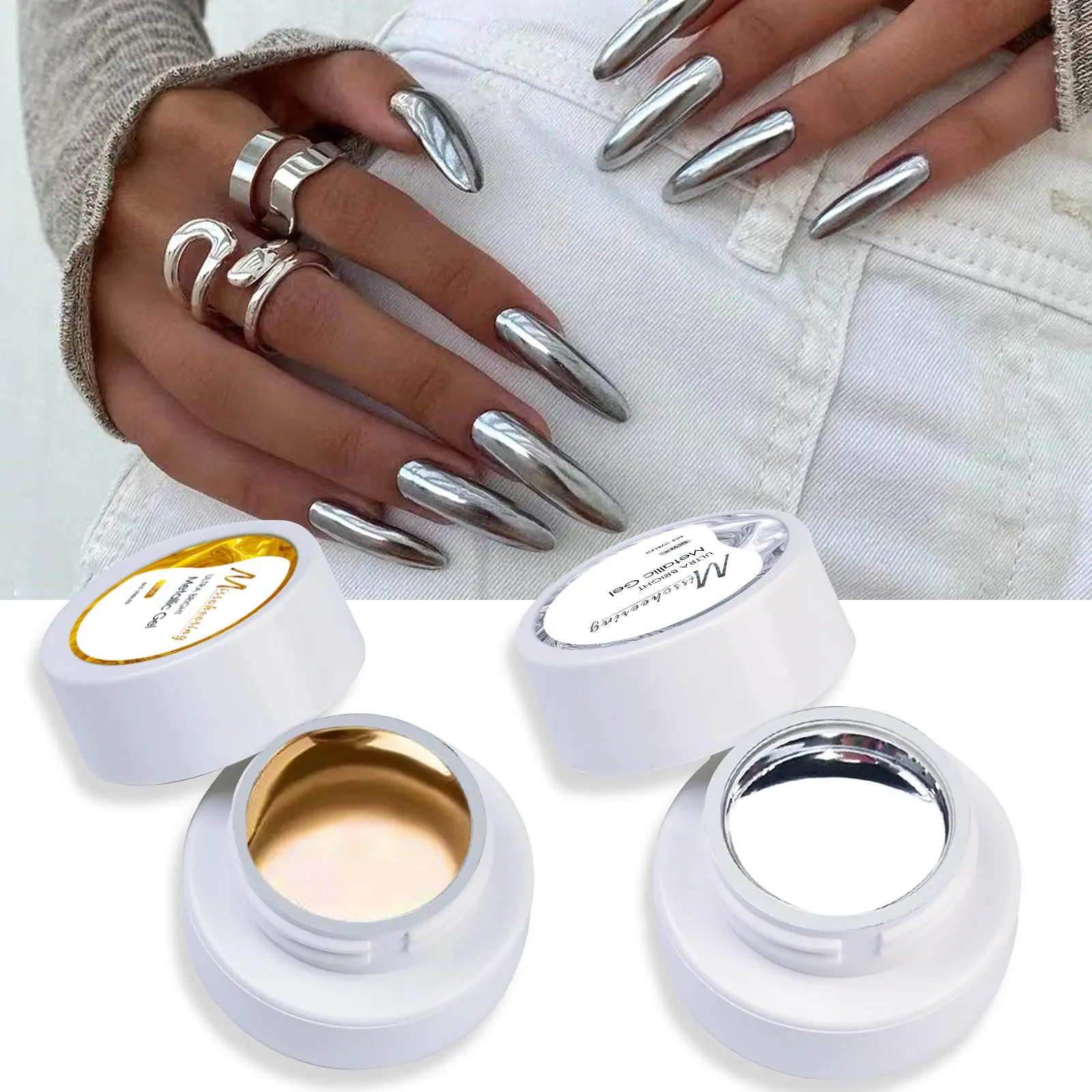 2pcs Metallic Gel Nail Polish Golden And Silvery Mirror Finish Line Art And French Manicure For DIY 3D Chrome Nail Design Suitab