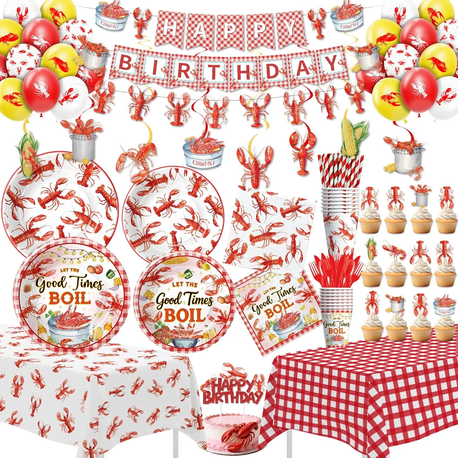 Srua Don Red and White Louisiana-Style Seafood Boil Party Supplies Set - Print No-Rinse Crawfish Decorations, Corn Illustrations, Lemon Art, Lobster Plates, Cups, Napkins, Tablecloth, Balloons for Happy Birthday, Birthday Ideas, Louisiana Look