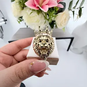 (R62) 14K Gold Plated Lion with Crown Ring for Men - Stylish and Durable