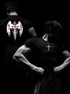 Men's Tight-Fitting Short Sleeve Compression Shirt, Cross & Wings Print, Gym Quick-Dry T-Shirt, Gym Workout Shirt, Running Training Top, Summer Casual Sportswear, Gym Shirts, Athletic Compression Shirts