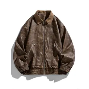 Men’s autumn retro leather jacket, casual classic oversized fit design, American motorcycle style jacket, thick woven fabric, suitable for people aged 35–44