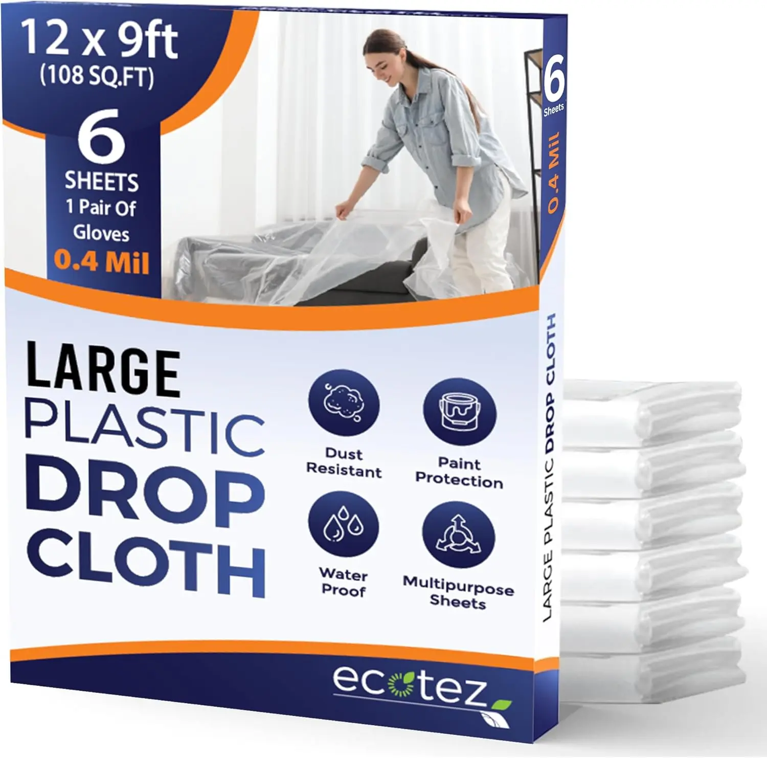 Ecotez 6 Pack Plastic Drop Cloth 12 x 9 ft - 0.4 Mil Durable Waterproof Painter's Plastic Sheeting for Painting, Furniture & Floor Protection