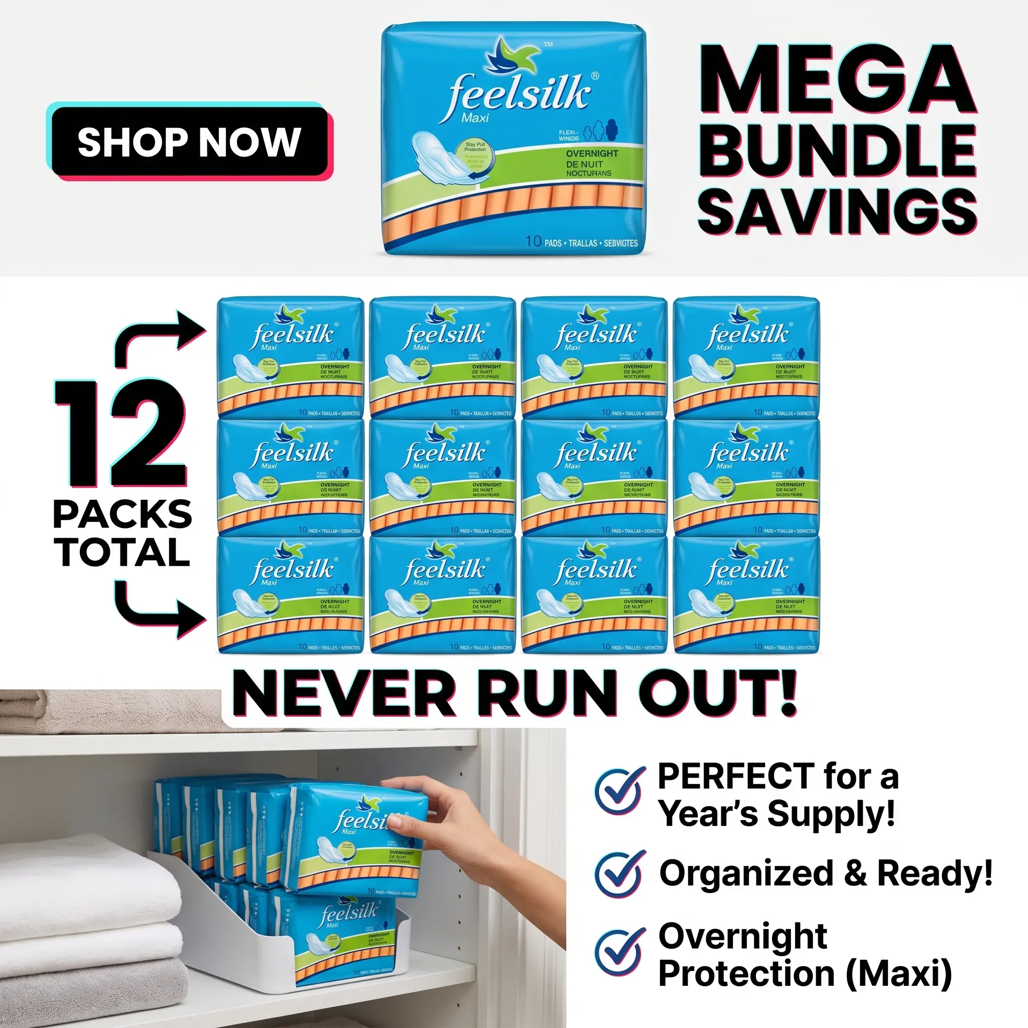 Feelsilk 12 Count Maxi Overnight Pads for Heavy Period Flow