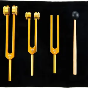Golden Tuning Fork Set (128hz, 256hz, 512hz), Chakra Tuning Forks for Solfeggio, Meditation, Yoga, Energy Band Hammer & Storage Bag