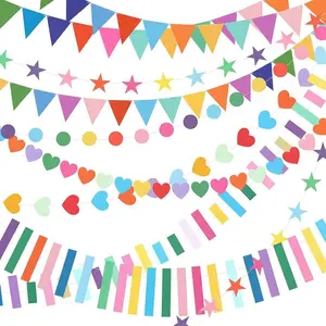 6 Pcs Rainbow Garland Banners Christmas Tree Decoration Include Star Circle Dot Heart Rectangular Garland Colorful Pennant Banner Pre-Strung Hanging Banner for Birthday Classroom Party Decor