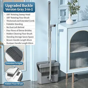 Upgrade 3-in-1 Standing Broom and Dustpan Cleaning Set, Long Handle Soft Bristle, Upright Design Cleaning Set for Home, Office, Indoor&Outdoor Sweeping