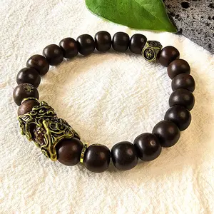 Natural Thunderstruck Wood Pixiu Bracelet, Dark Wood Pixiu Bracelet, Dark Wood Bead Bracelet Symbolizing Luck & Prosperity, Jujube Wood Bracelet, Feng Shui Wealth Protection Bracelet, Lucky Beaded Bracelet for Men, Lightning-Struck Wood Bracelet