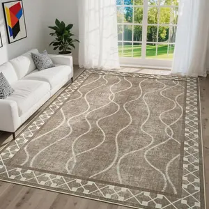 6x9 Area Rugs for Living Room, Machine Washable Bordered Rug for Bedroom, Luxury Rubber Backing (Non-Slip) Low Pile Throw Carpet for Dining Room Kitchen  Decor, Brown