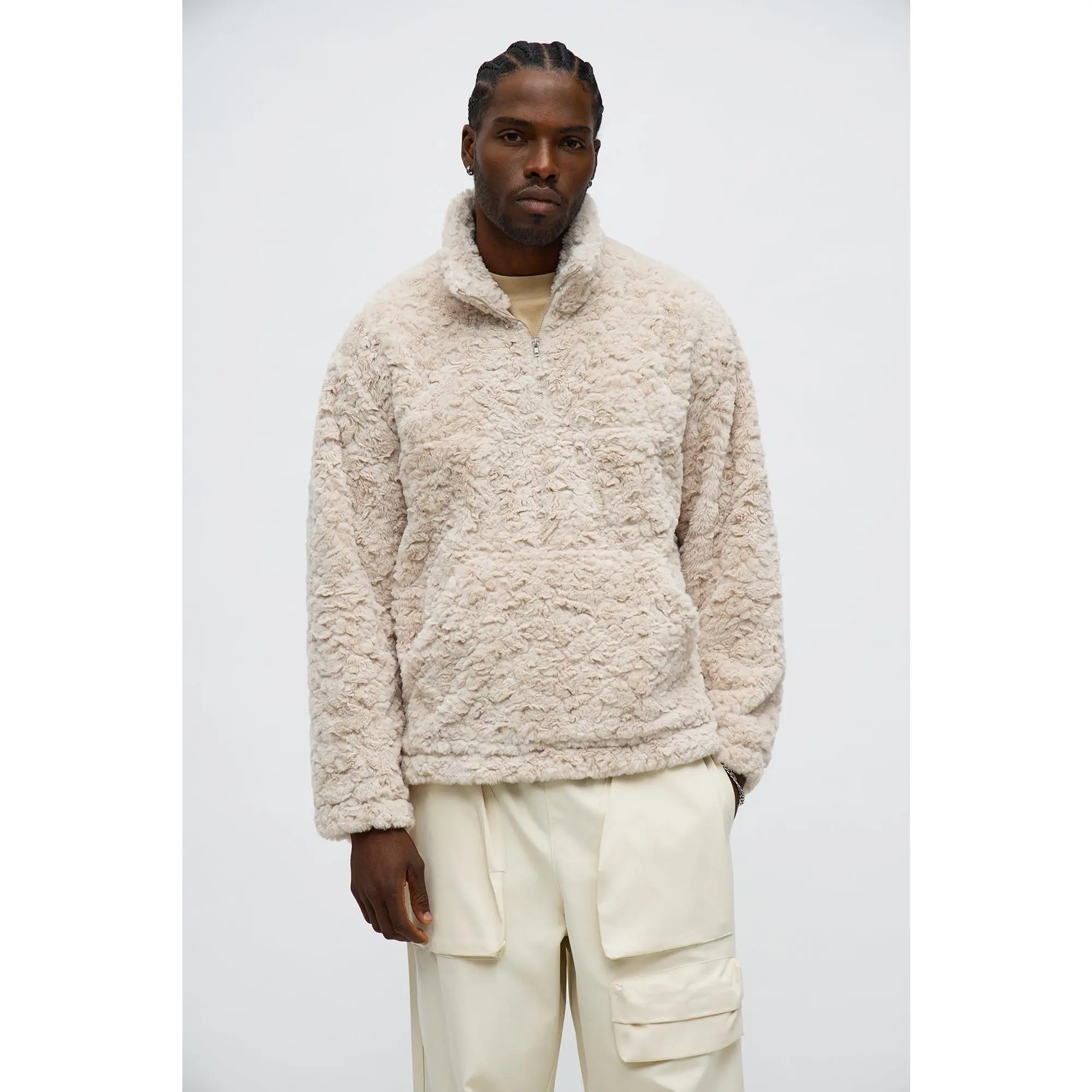 Relaxed Quarter Zip Faux Fur Jacket - Cream Relaxed Quarter Zip Faux Fur Jacket - Cream