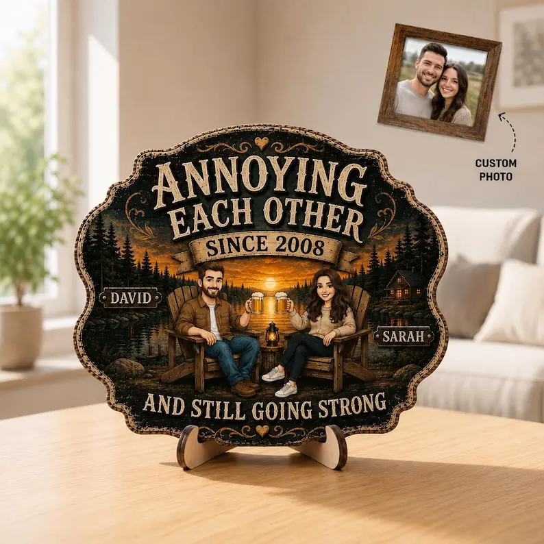 Personalized "Annoying Each Other Since" Wooden Sign - Gothic Home Supplies Plaque, Custom Photo Sunset Decor, Unique Gifts for Adult Wife, Anniversary Funny Couple Gift, Wife Gift