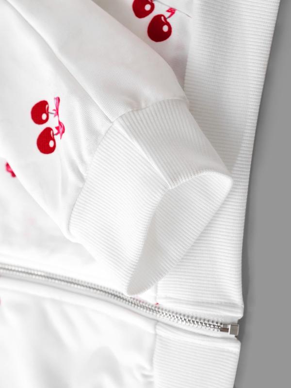 Oversized Cherry Print Zip-Up Hoodies for Women | Soft Fleece Long Sleeve Casual Hooded Sweatshirts | Loose Fit Daily Streetwear | Single Piece | White & Red Cherry Pattern Style | Graphic Hoodies