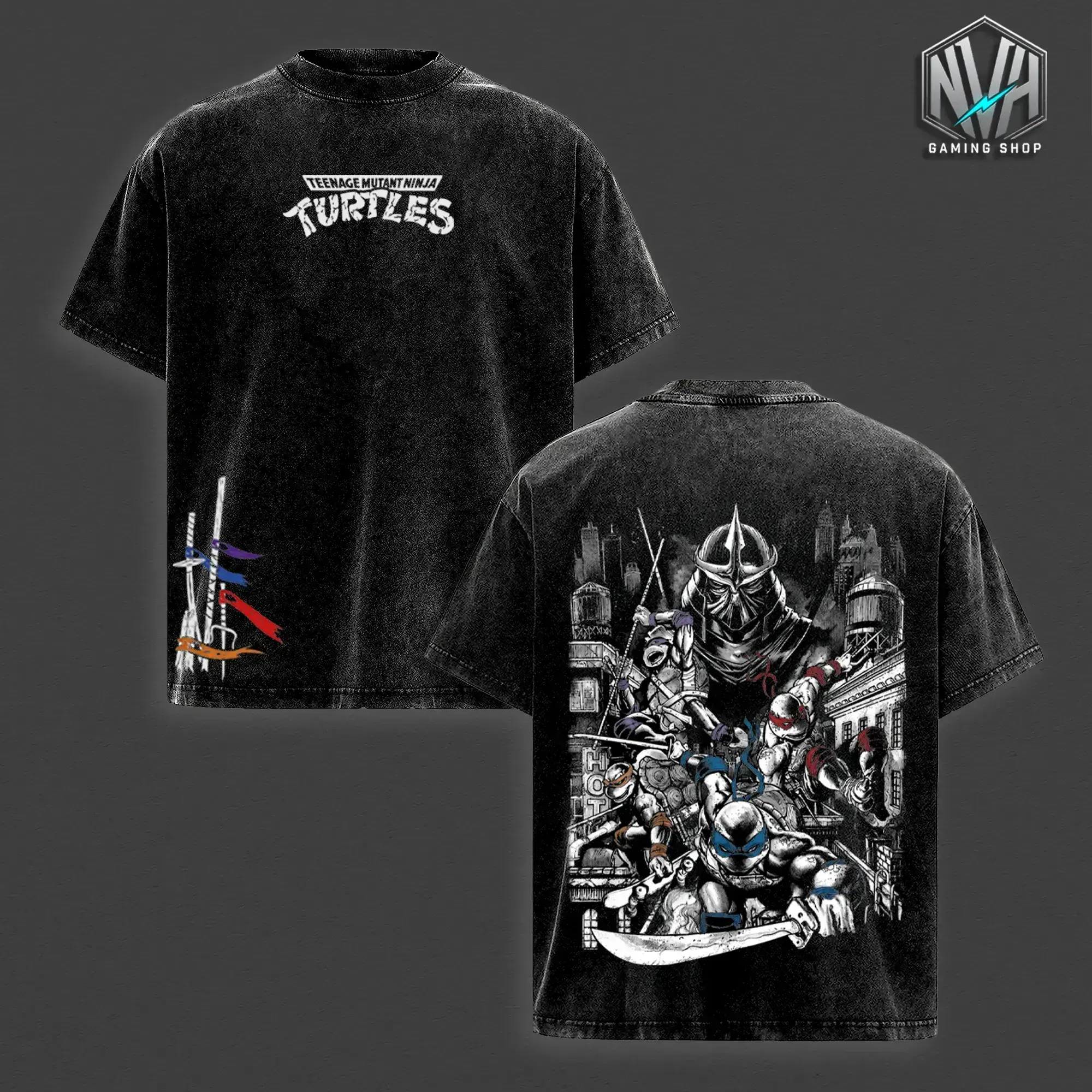 Vintage Black Washed TMNT T-Shirt, Front "Turtles" Logo & Side Weapon Flags + Back Full TMNT & Shredder Print, Oversized Unisex Tee for Retro Anime Fans & Street Style