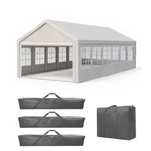 10x20x9 FT Waterproof White PE Metal Frame Carport Canopy, Powder Coated Steel Frame with 4 Side Panels (2 Windows+2 Zipper Doors) – Multi-Purpose Outdoor Car Shelter & Party Tent, Metal Frame Canopy, Waterproof Canopy