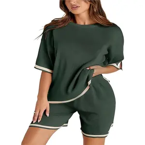 Casual Contrast Trim Knitted Two Pieces, Split Half Sleeve Pullover Sweater & Drawstring Shorts Outfits, Women's Clothing
