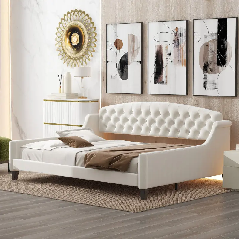 Modern Luxury Tufted Button Daybed,Twin,Beige，Stable Durable Solid Plywood Frame Multifunctional Design No Box Spring Required Easy Assembly，The package will be shipped in two separate parcels
