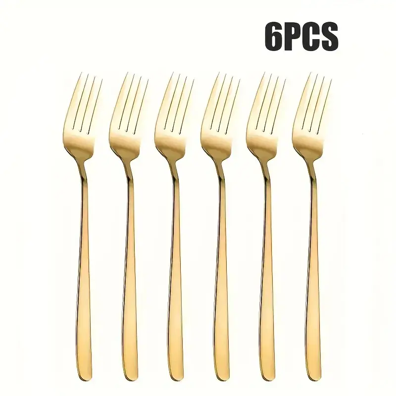 6-piece set of golden stainless steel salad forks, Korean-style meal forks, Dinner forks, 19.2 cm dessert forks, Kitchenware, Utensils, mirror-polished, dishwasher washable, suitable for main courses, salads, desserts, home use and Korean restaurants