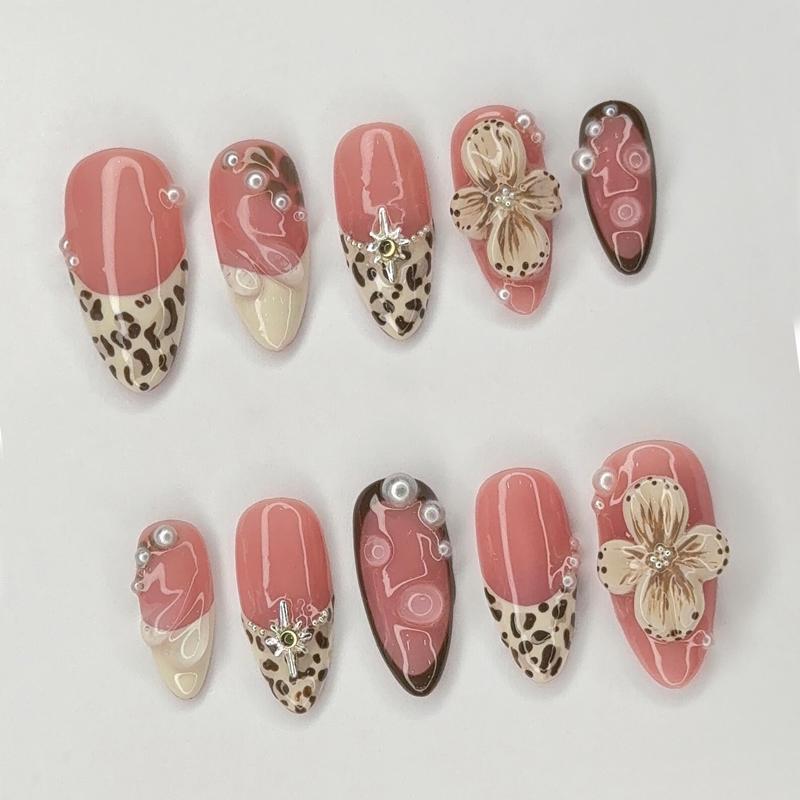 AngieNails – Leopard French Tip Press On Nails – Nude Nails with 3D Floral & Line Art | Trendy Pink Fake Nails for Everyday Style – AN295