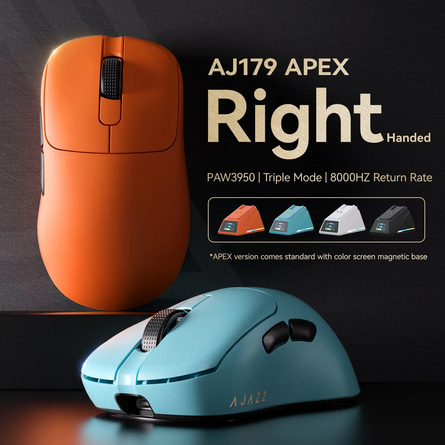 AJAZZ AJ179 APEX Tri-Mode Wireless Gaming Mouse with PAW3950 Sensor for Rapid Response, 2.4GHz/Bluetooth/Wired Connectivity, 400 mAh Battery, Magnetic Dock with Full-Color Interactive Display, Driver-Customizable Display