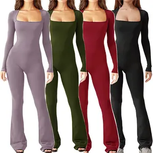 Waist-cinching and tummy-tucking, sculpting the perfect curves; square neckline and wide-leg design, exuding elegant temperament - New women's long-sleeved one-piece yoga se