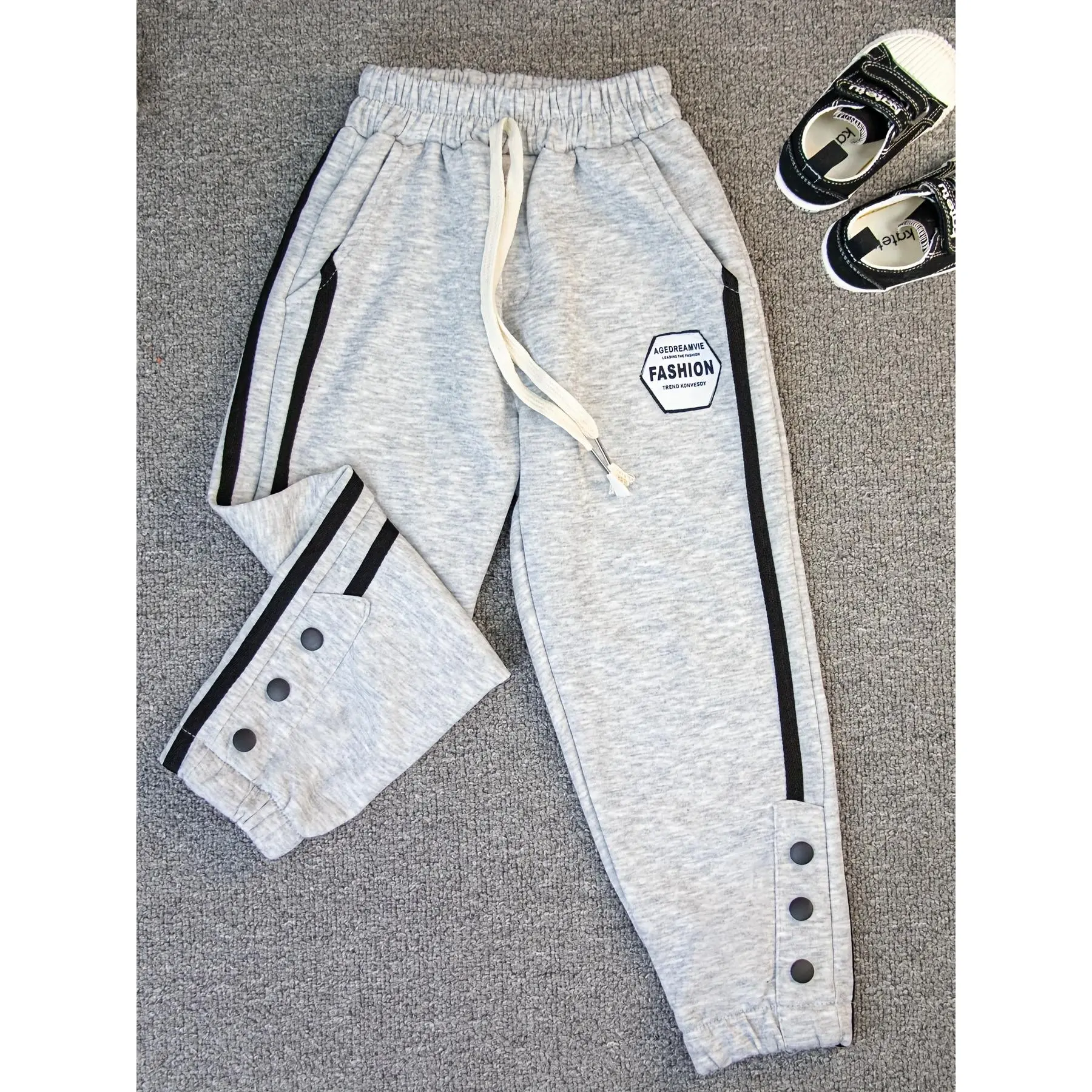 Boys' Casual Jogger Sweatpants - Light Gray with Black Stripes, Elastic Waistband & Drawstring, Comfortable Polyester for Spring/Fall, Playful Design |   Striped Joggers |   Elastic Waistband, Sweatpants for Boy, for Outdoor