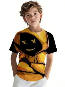 Boys' Round Neck Short Sleeve T-Shirt Graphic Print Tee athleisure Yellow Black Character With X Eyes And Smile 3D printing spring and summer interesting design creative digital clothing lightweight