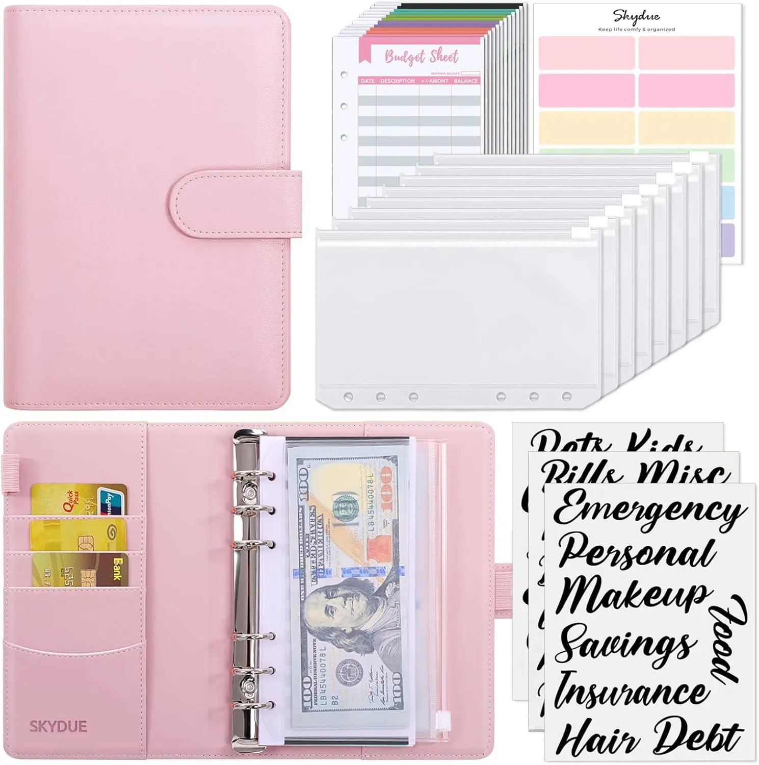 SKYDUE Budget Binder, Money Saving Binder with Zipper Envelopes, Cash Envelopes and Expense Budget Sheets for Budgeting